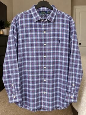 Polo Ralph Lauren Mens XL Classic Fit Performance Plaid Stretch Shirt Pink Blue